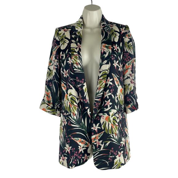 Zara Satin Floral Printed Open Front Long Blazer Jacket Women Green Size XS - Picture 3 of 10